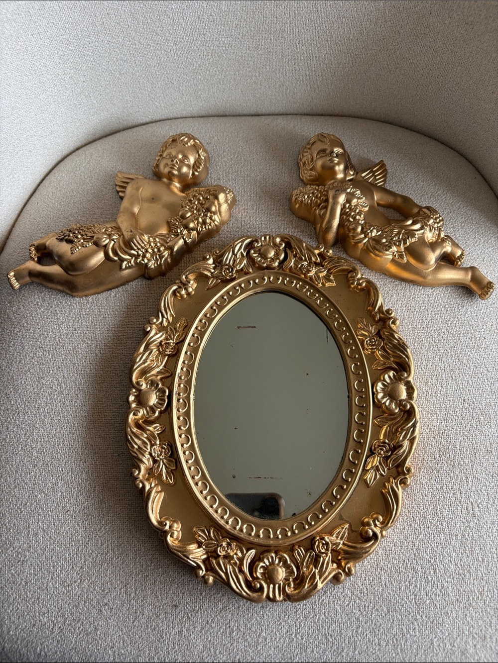VTG WF Worldwide Federation Gold Plastic Mirror & Cherub Set of 3